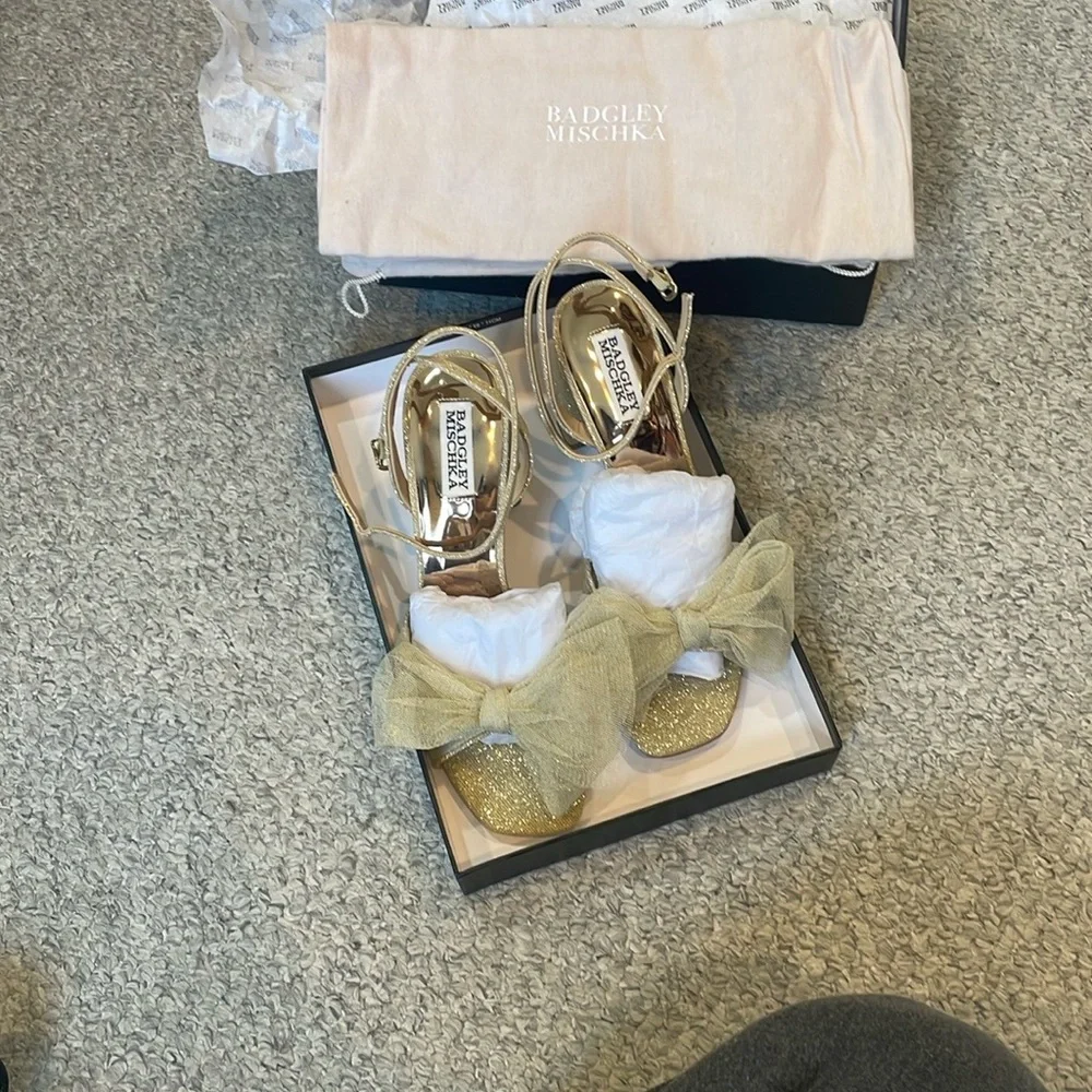 Gold Glitter Block Heel Sandals - Picture 6 of 9